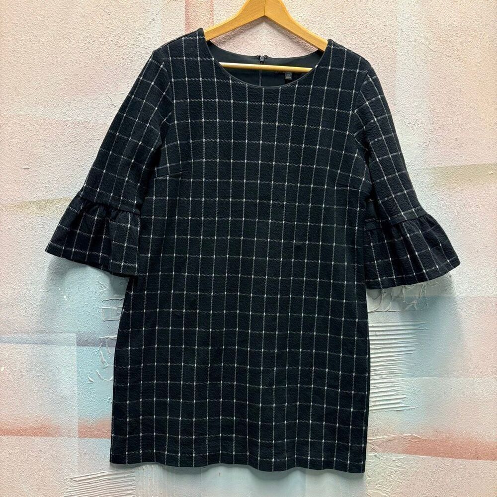 Banana Republic 14 Black Plaid Bell Sleeve Boat Neck Dress Retro Chic Preppy